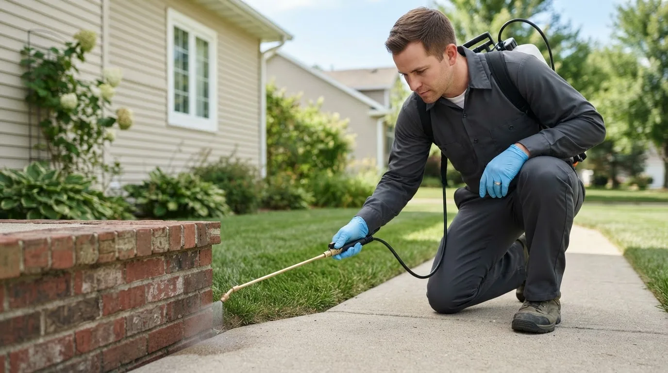 Pest control technician treating a home near Roy, UT